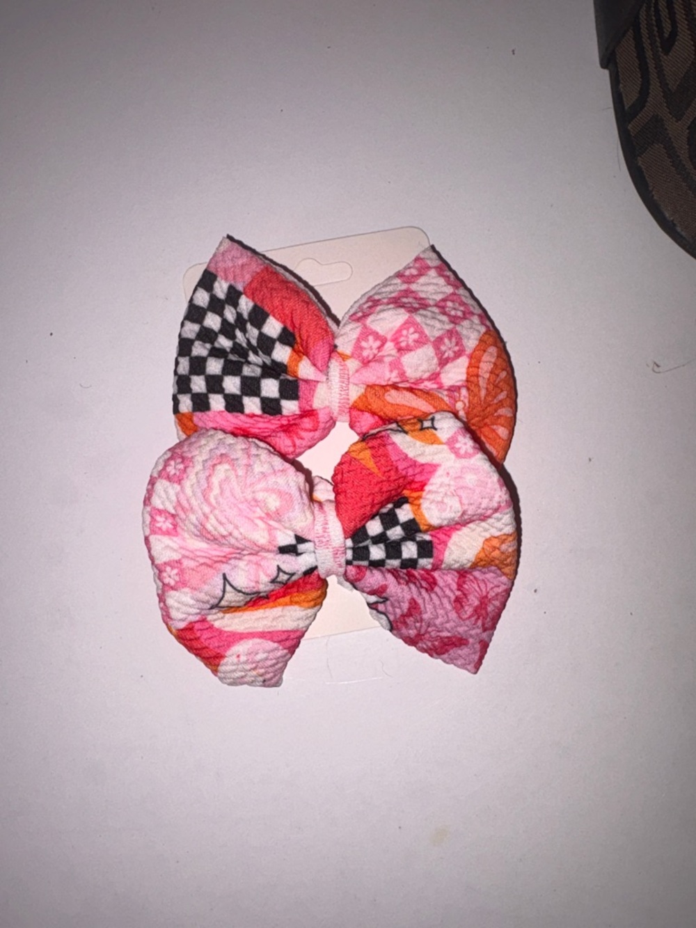 Pink Floral & Checkerboard Fabric Bow Piggie Set